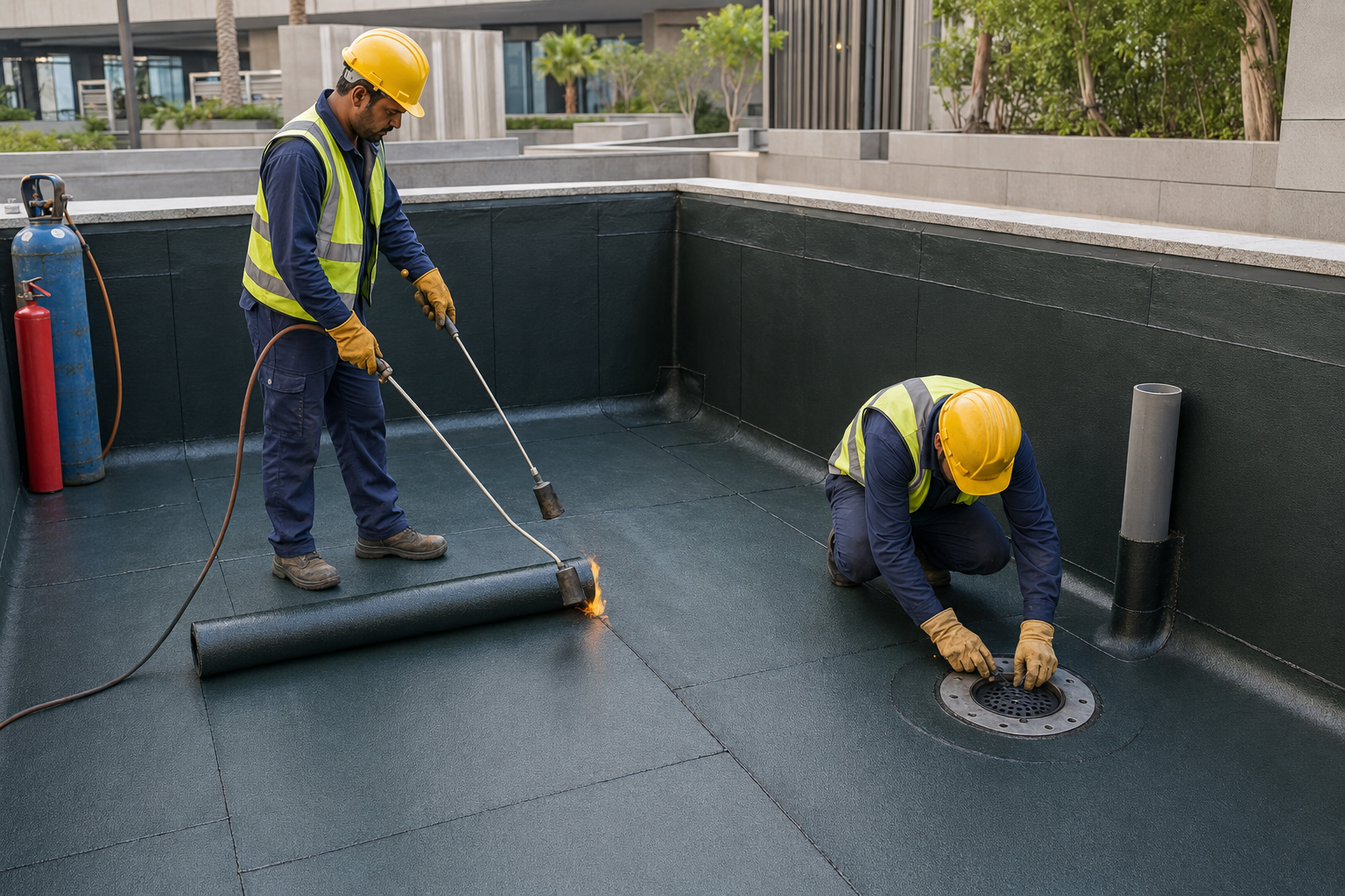 Torch-applied bituminous membrane and planter outlet detailing