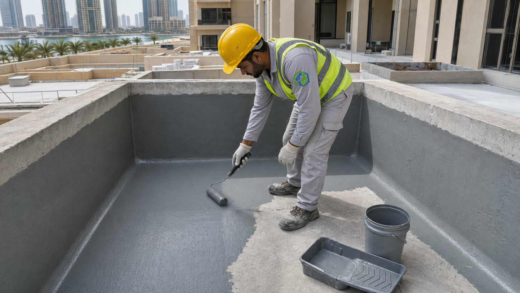Flexible cementitious waterproofing coating inside a concrete planter