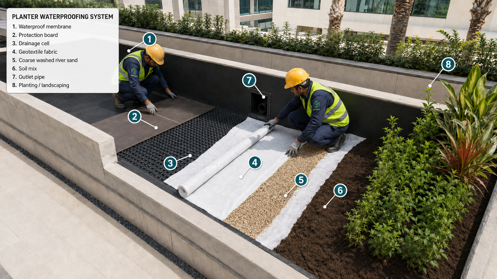 Protection board drainage cell geotextile and soil installation in planter