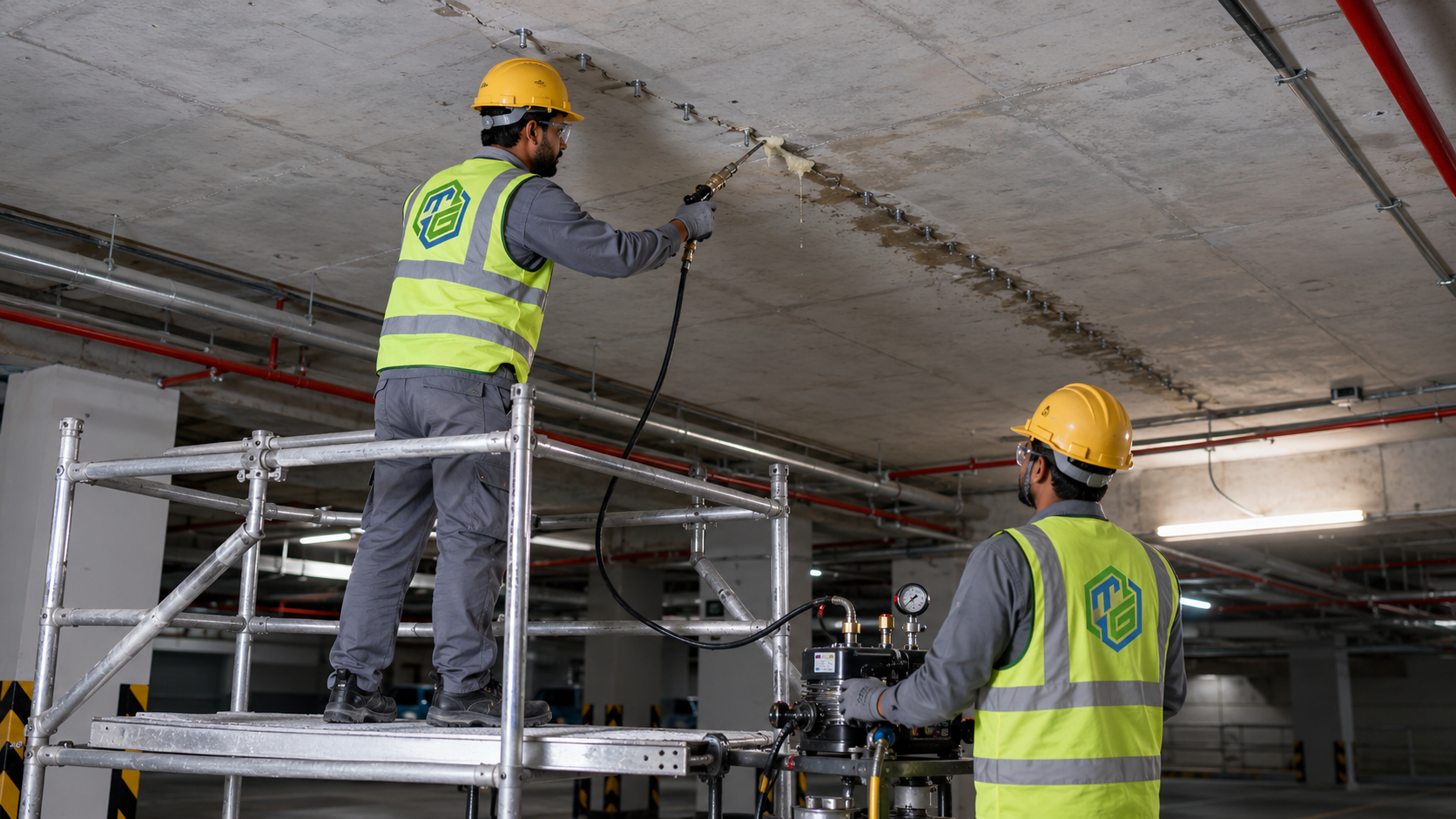 Injection packers installed at controlled spacing along a concrete wall crack