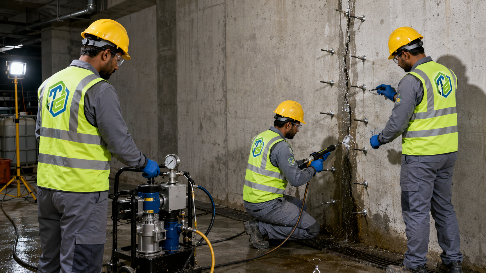 Injection packers installed at controlled spacing along a concrete wall crack