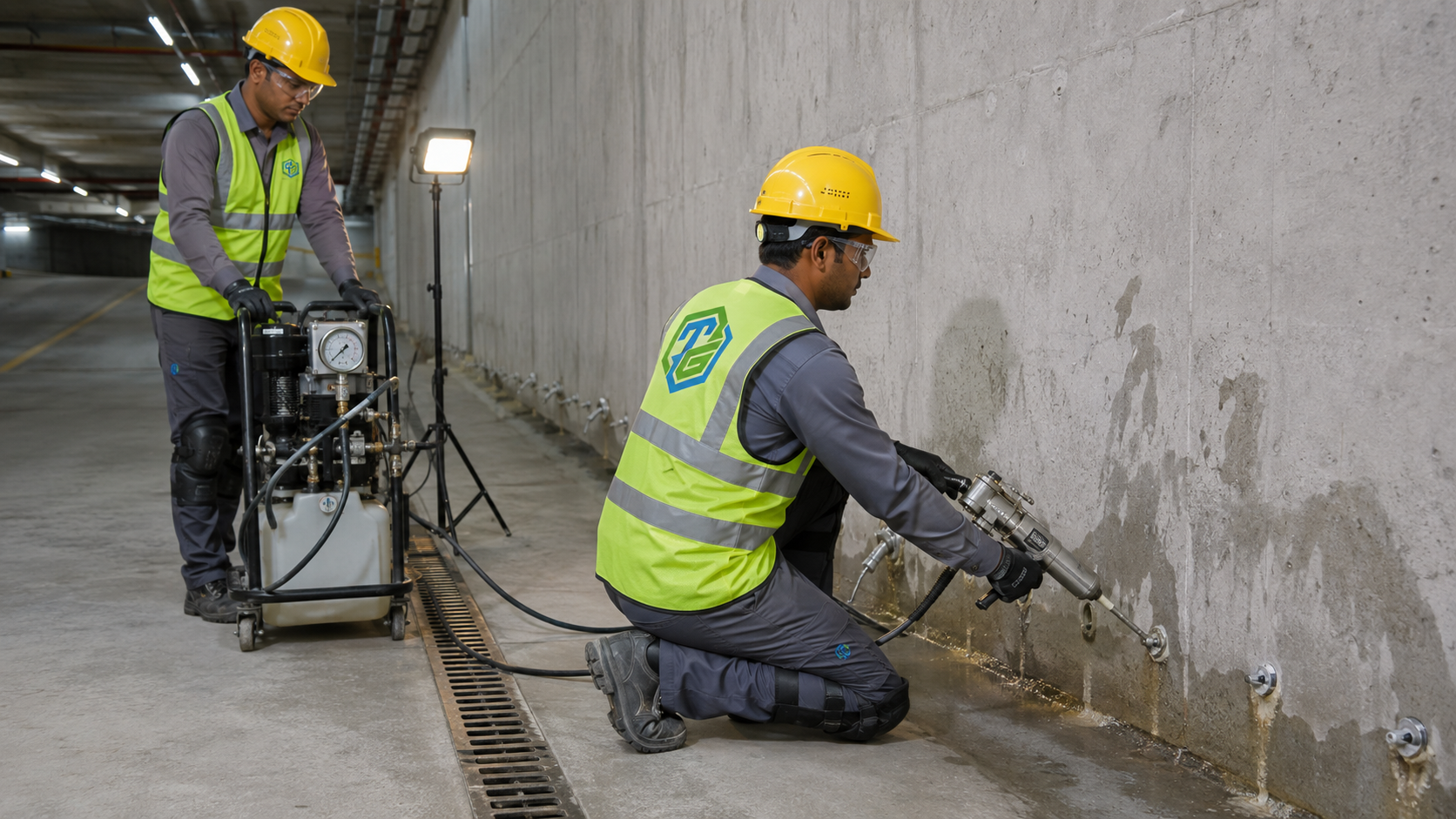 Injection packers installed at controlled spacing along a concrete wall crack